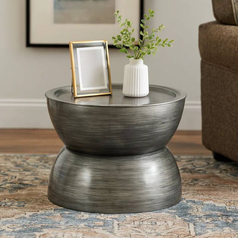 Accent Coffee Table, 25 Inch Hourglass Shape, Gray Hammered Finish