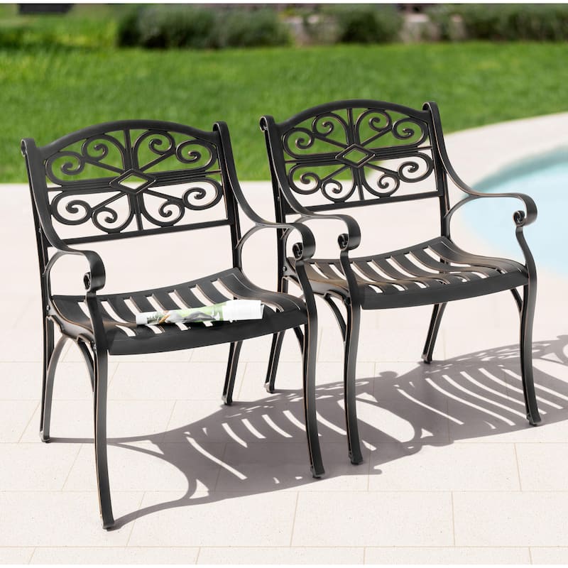 Patio Cast Aluminum Dining Chairs of 2, Bistro Chairs with Armrests