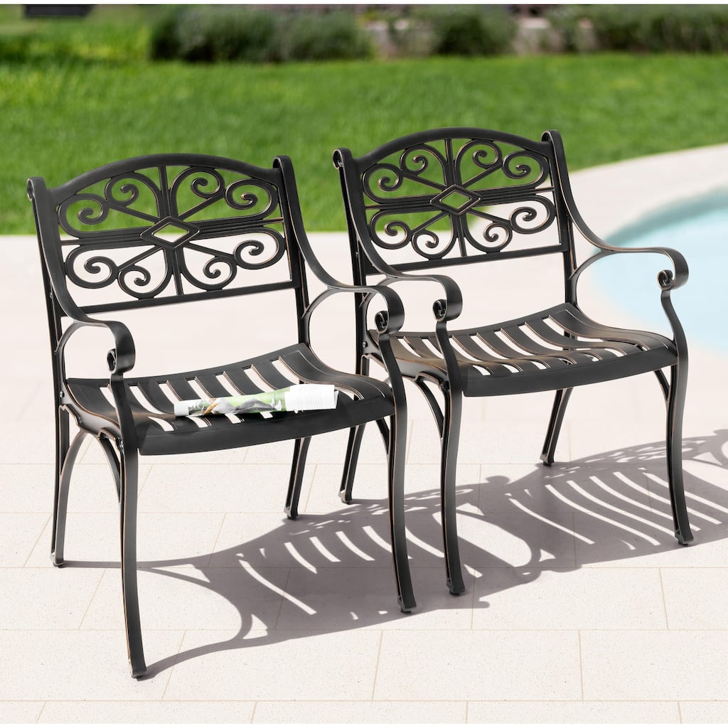 Patio Cast Aluminum Dining Chairs of 2, Bistro Chairs with Armrests