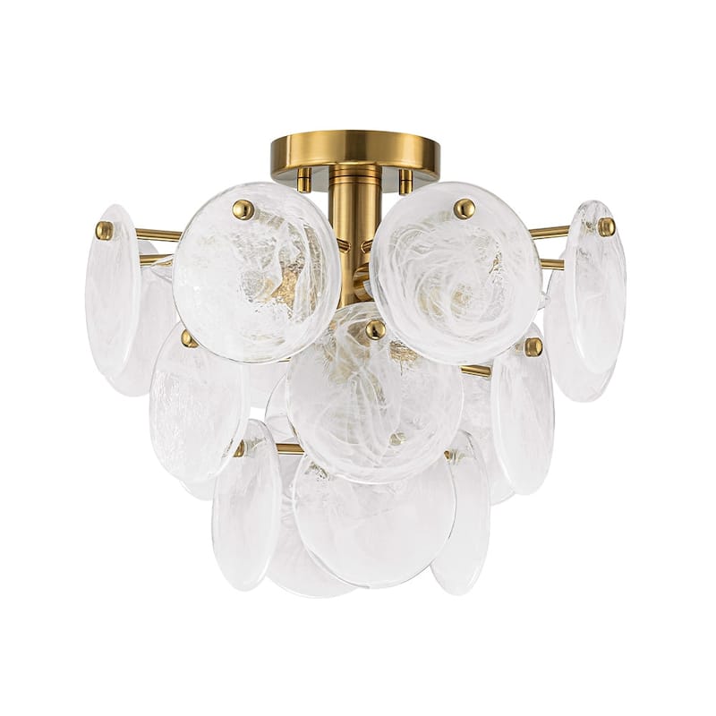 4-Light Tiered Cloud Glass Discs Semi-flush Mount - Burnished Brass - 13.8in