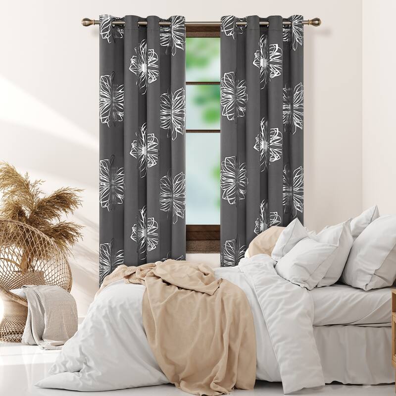 Deconovo Silver Floral Thermal Insulated Curtain Panel Pair(2 Panel)