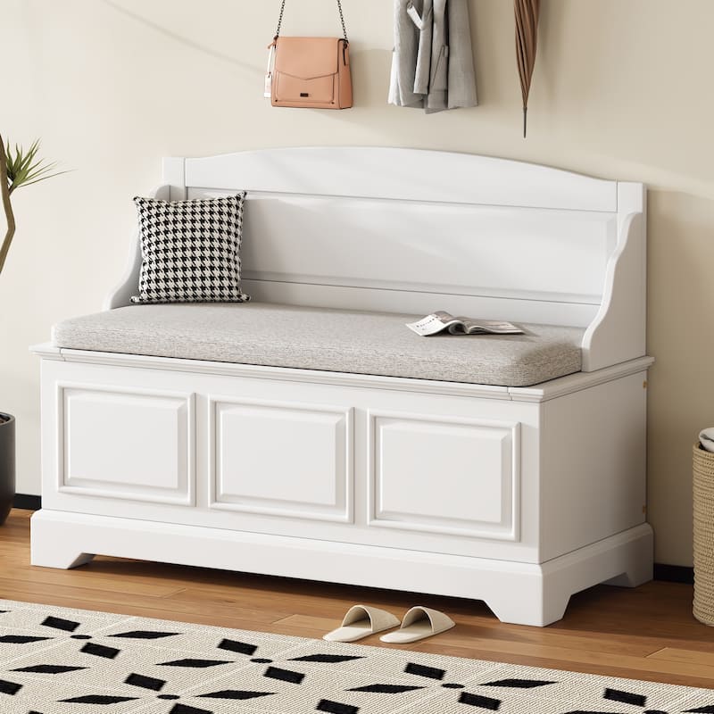 Shoe Storage Bench Wooden Entryway Bench with Linen Cushion