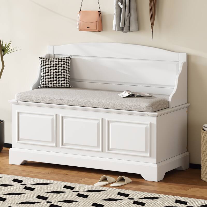 Storage Bench with Backrest, Entryway Benches with Cushion & Hidden Storage, Mudroom Bench with Soft-Close Hinged Lid - White