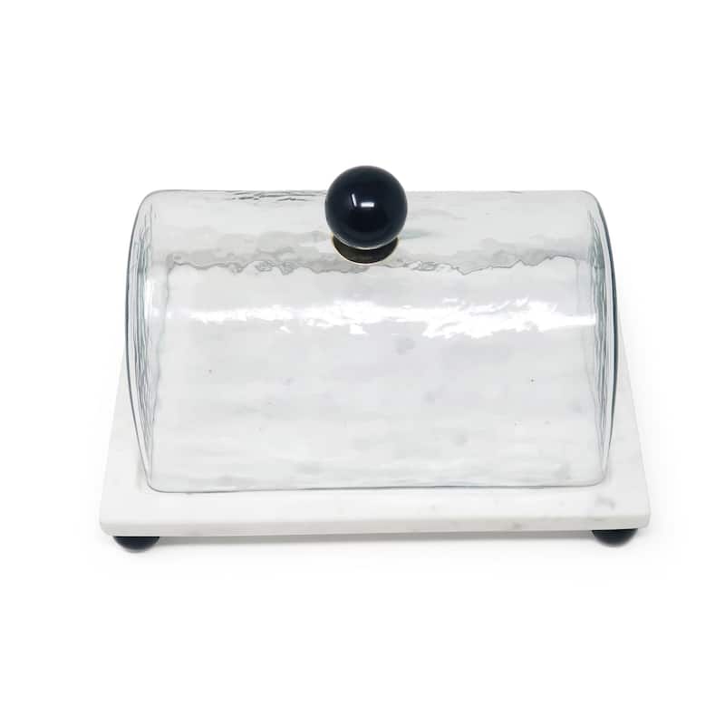 Marble Cake Plater with Glass Cover with Clear Ball Knob - 10.4"L