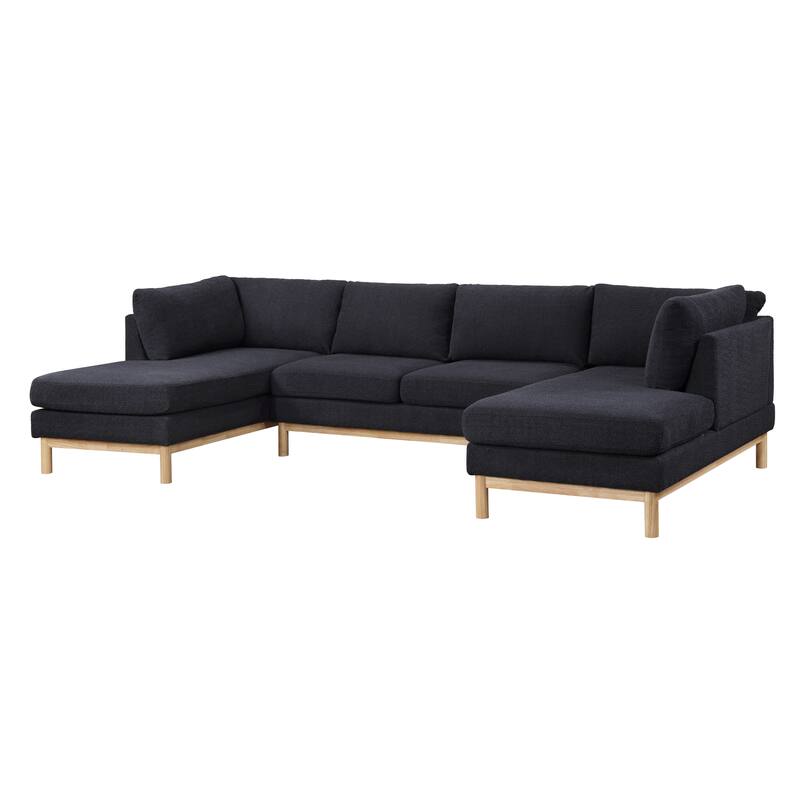 Black Sherpa 124" U-Shape Sectional Sofa with Wood Trim & Legs