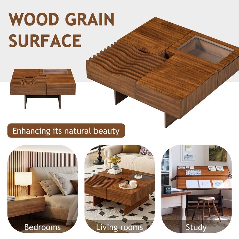 33'' Mid-Century Modern Square Coffee Table with 3 Drawers, Tempered Glass Top, Solid Wood Legs for Living Room