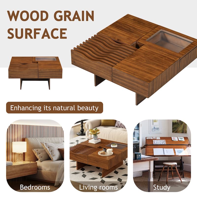 Roomfitters Square Mid-Century Coffee Table with Glass Top and 3 Storage Compartments, Solid Wood Legs
