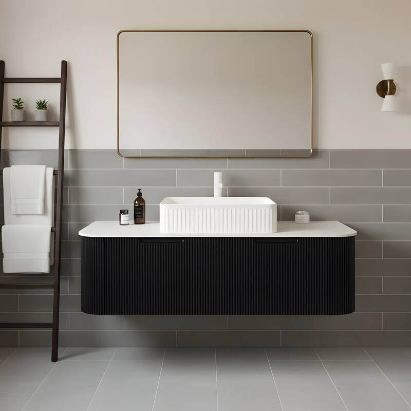 Wall Mounted Bathroom Vanity with White Rectangular Ceramic Basin - 48 - Black