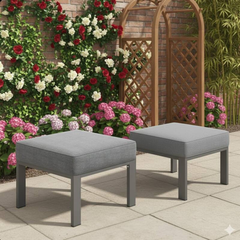 Set of 2, 22" Metal Patio Ottomans Thick Gray Cushions & Gray Frame
