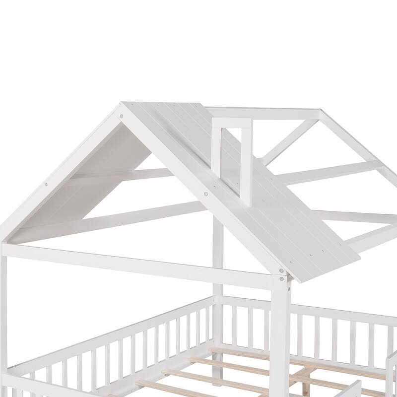 Platform Bed for Kids, Wooden House Shaped Bedframe with Fence & Roof