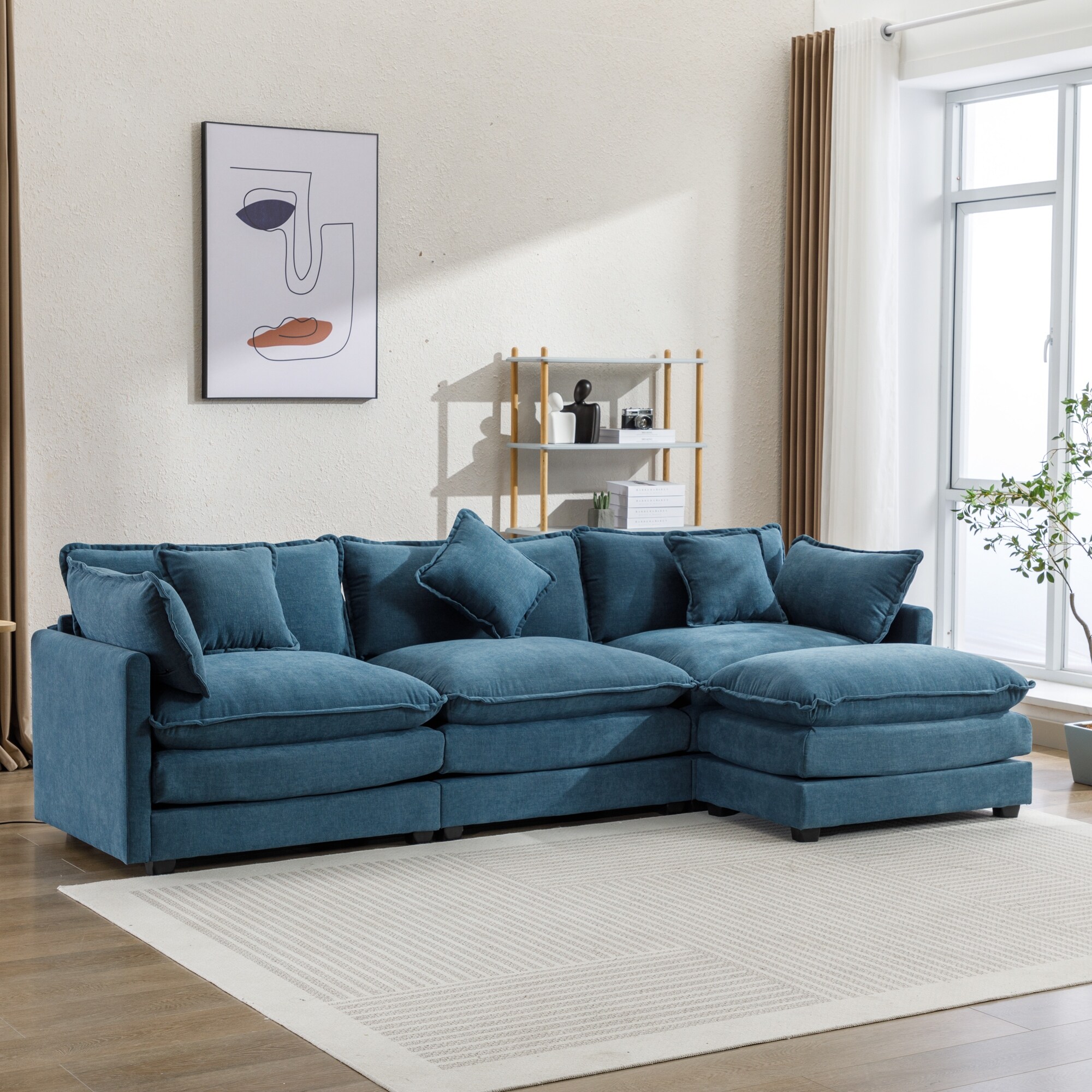 L-Shape Chenille Sectional Sofa with Ottoman Chaise Pillows