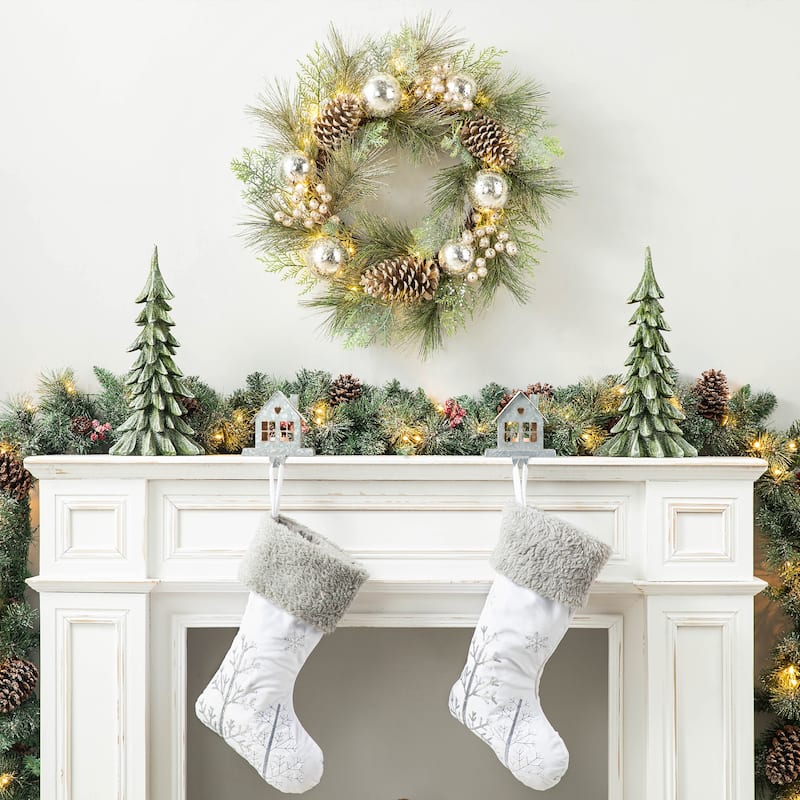 24"D Pre-Lit Ball Berry Holly Pinecone & Ornament Wreath with Brown Window Frame Set