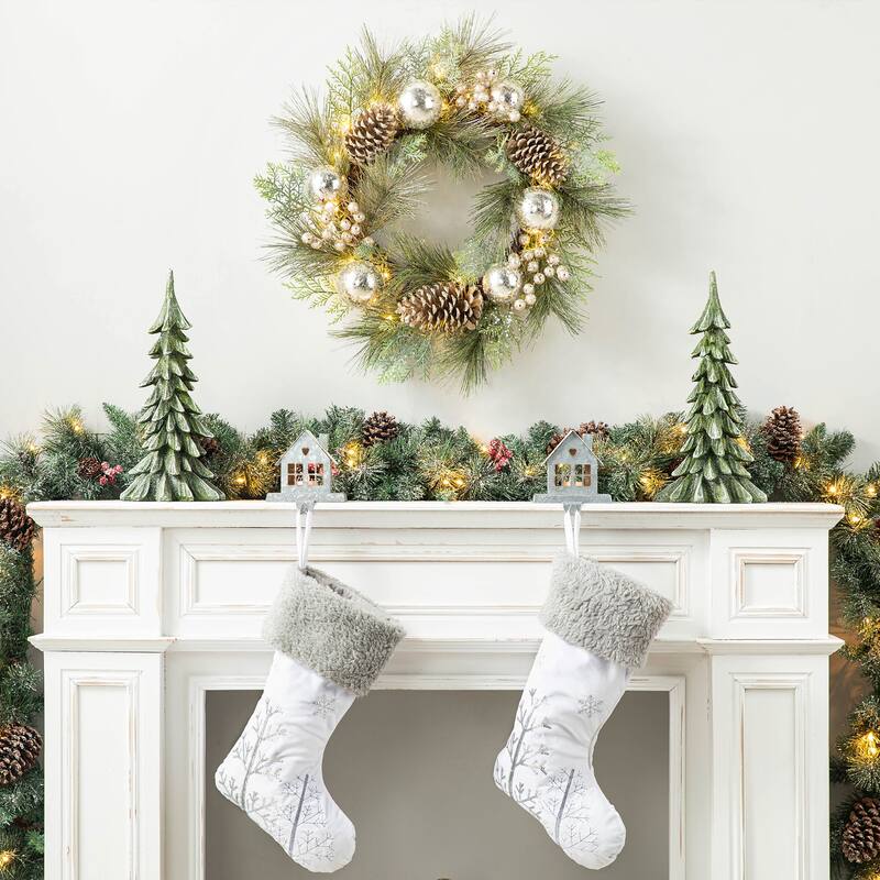 Glitzhome 24"D Lit Frosted Ball Berry Holly Pine Pinecone Wreath With Lights