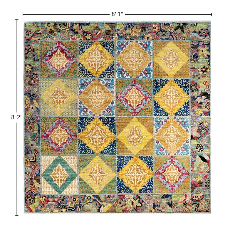 Eclectic One-of-a-Kind Hand-Knotted Area Rug - Multicolor, 8' 1" x 8' 2" - 8' 1" x 8' 2"
