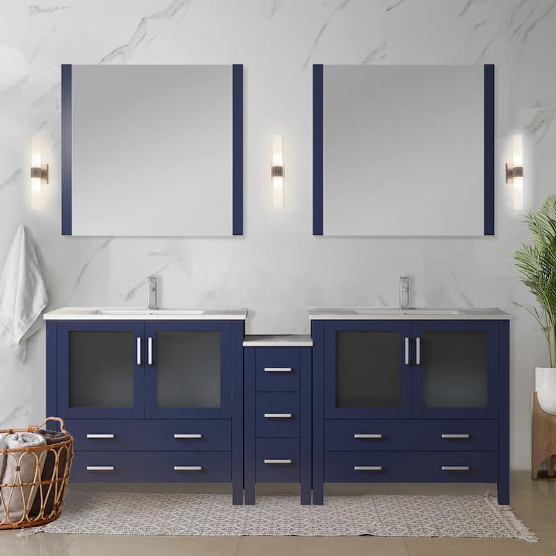 Volez Double Bath Vanity with Side Cabinet, Faucet Set, White Ceramic Top and Mirrors
