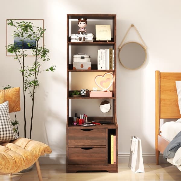 slide 2 of 11, Nightstand with Bookshelf,Night Stand with 2 Storage Drawers for Bedroom Walnut