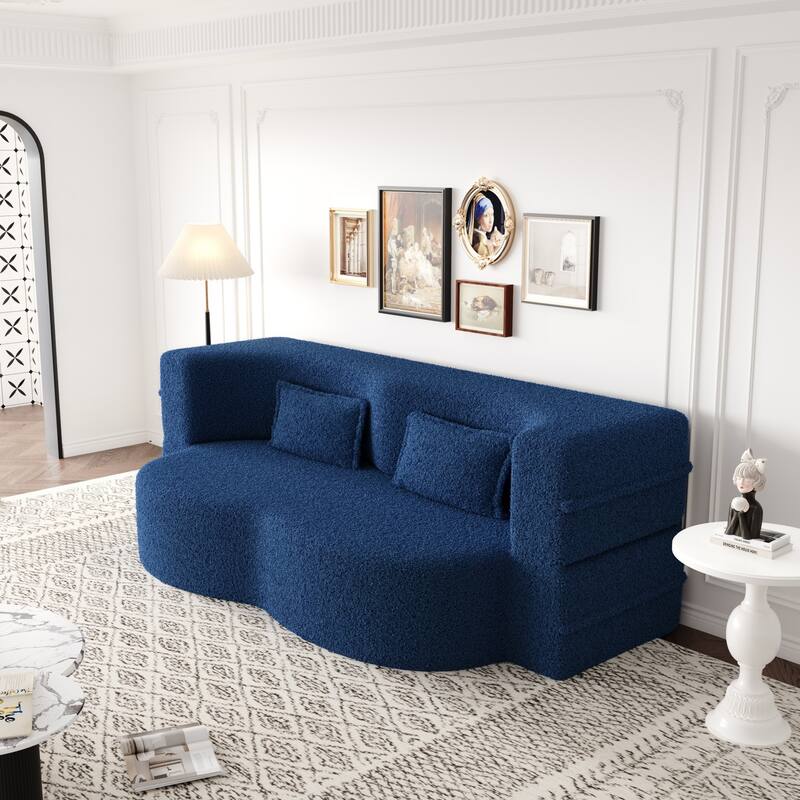 Modern Convertible Teddy Fabric Foam-Filled Sleeper Sofa Bed with 2 Pillows