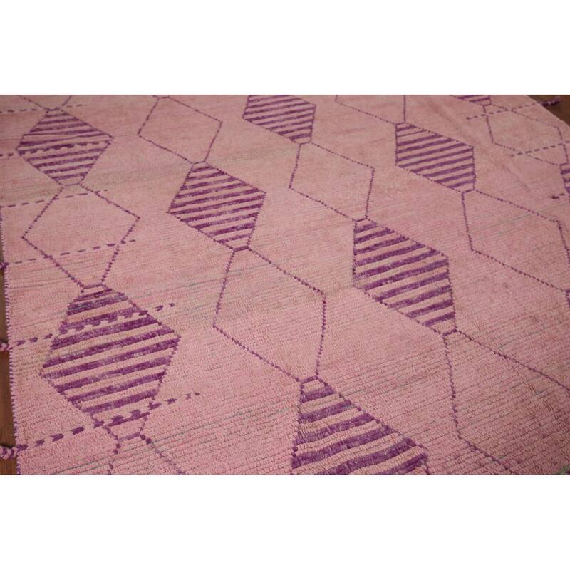 All-Over Pink Geometric Moroccan Area Rug Handmade Wool Carpet - 7'7"x 12'5"