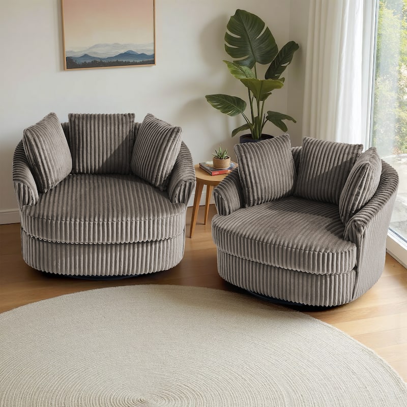 2 Set Oversized 43" W Plush Corduroy Swivel Barrel Chair with Pillows - Dark Camel