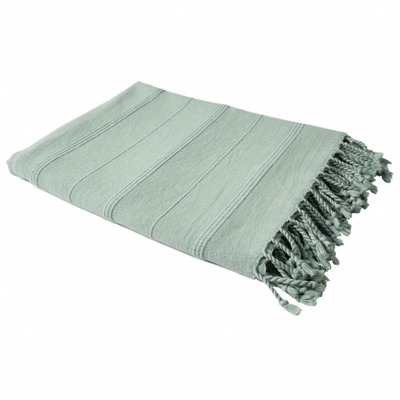 HomeRoots Green Woven Cotton Striped Throw Blanket