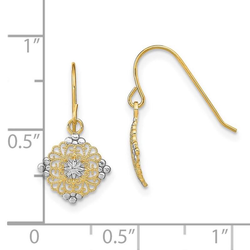 Curata 14k Yellow Gold Mini Filigree Medalion Wire Earrings - 10x19.5mm