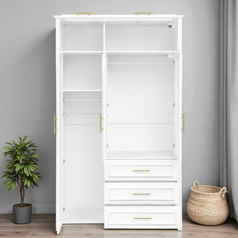 3-Door Wardrobe Armoire Closet with LED Lights and 3 Drawers Pine Wood MDF Clothing Storage Cabinet