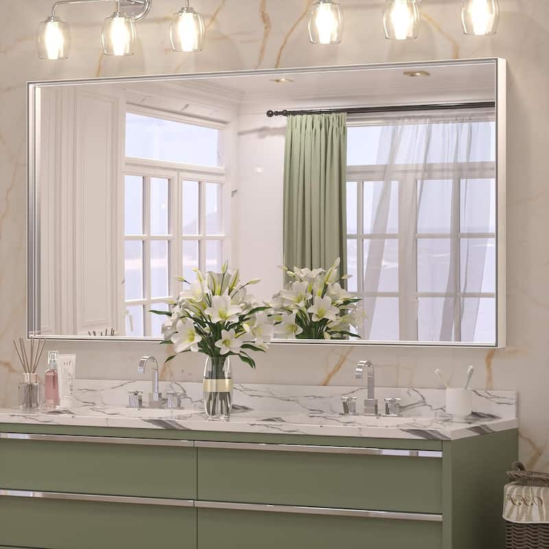 KEONJINN Modern Metal Framed Bathroom Vanity Wall Mounted Mirror - 60x30 - Silver