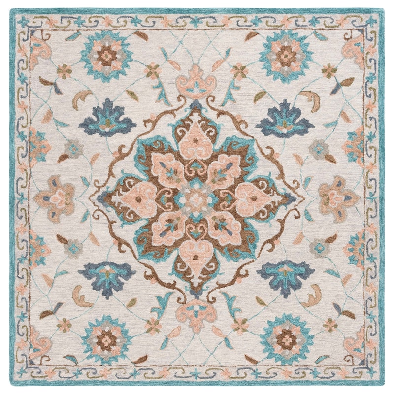 SAFAVIEH Handmade Blossom Tjakea French Country Wool Rug - 6' Square - Beige/Blue