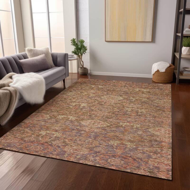 Machine Washable Indoor/ Outdoor Traditional Damask Chantille Rug