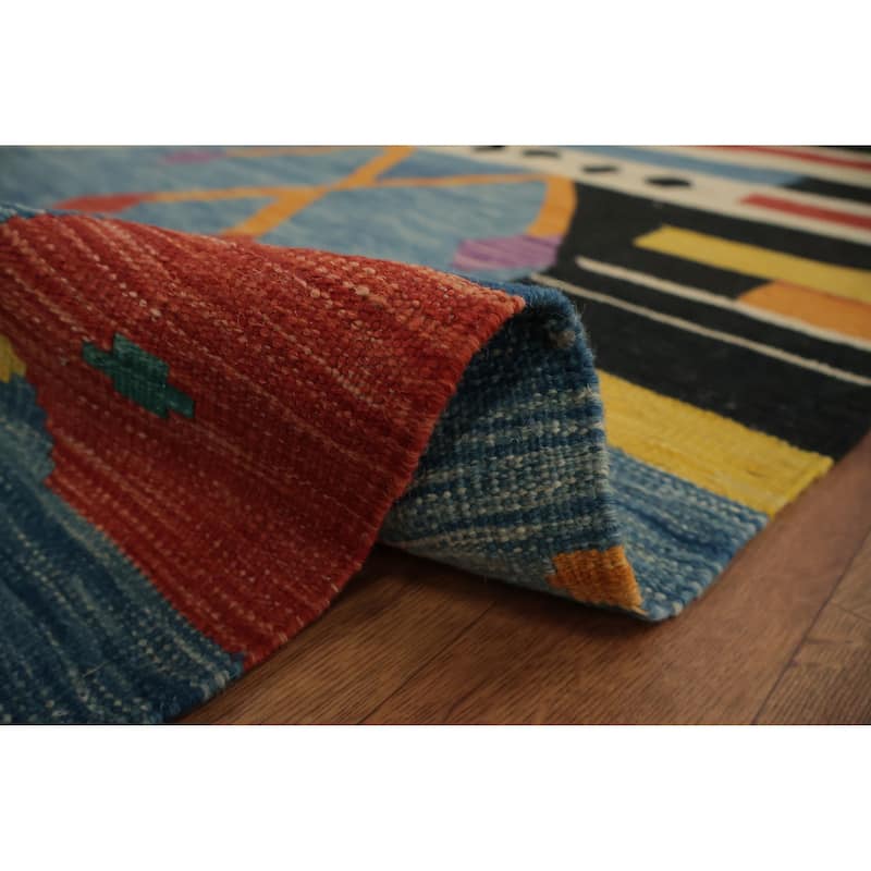 Hand Woven Oriental 100% Wool Carpet Southwestern Tribal Navy Blue & Blues Kilim Area Rug - 14' 10'' X 7' 0''