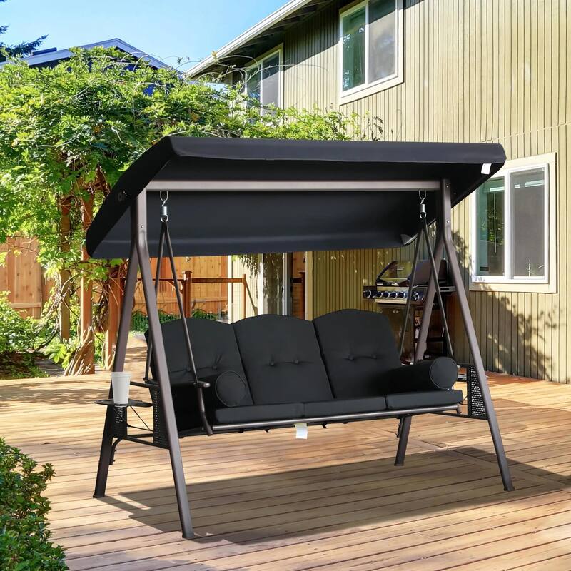 3-Seat Patio Swing Chair, Adjustable Canopy, Side Trays, Comfort Set - Black