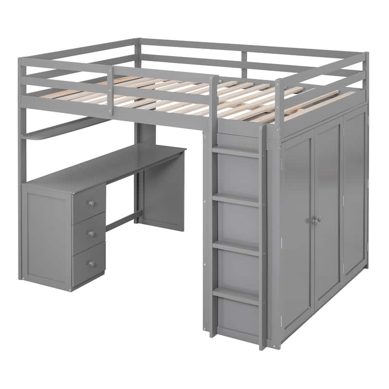 Gray Multi-functional Pine Loft Bed with Desk, Wardrobe, Drawers, and Shelves