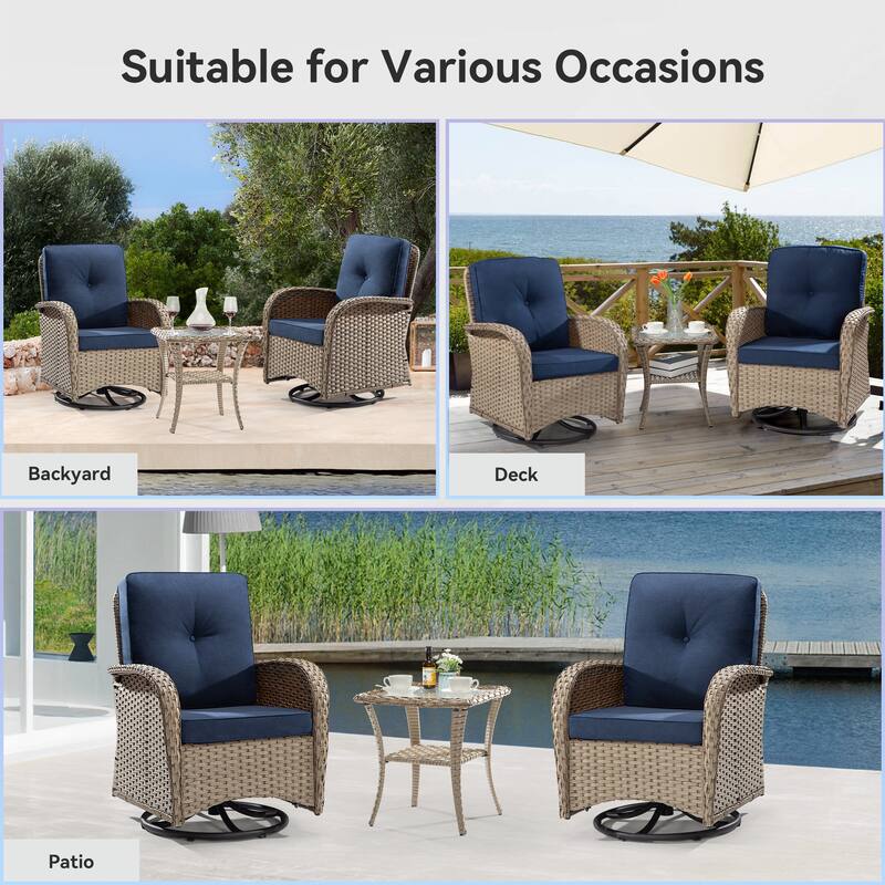 Cozywor 3-Piece Wicker Patio Swivel Outdoor Rocking Chair Conversation Set