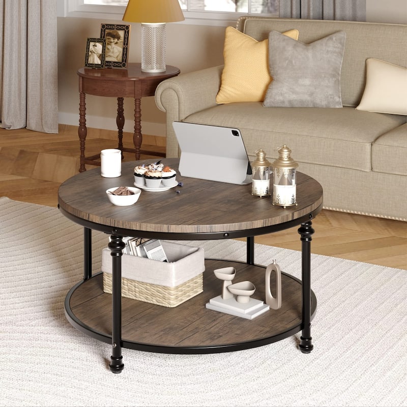 Round Coffee Table, 2 Tier Wooden Coffee Table with Storage, Farmhouse Center Tables - 30.5 inch