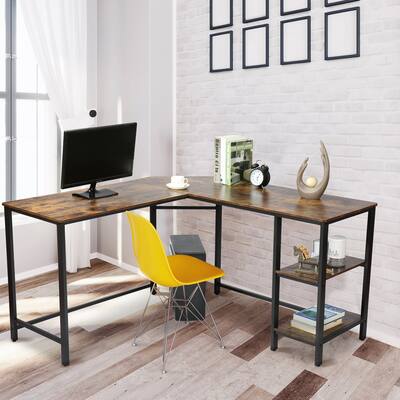 L Shaped Corner Computer Desk 54.3" with Storage Shelf, PC Workstation Saving Space Laptop Table for Home Office, Rustic Brown