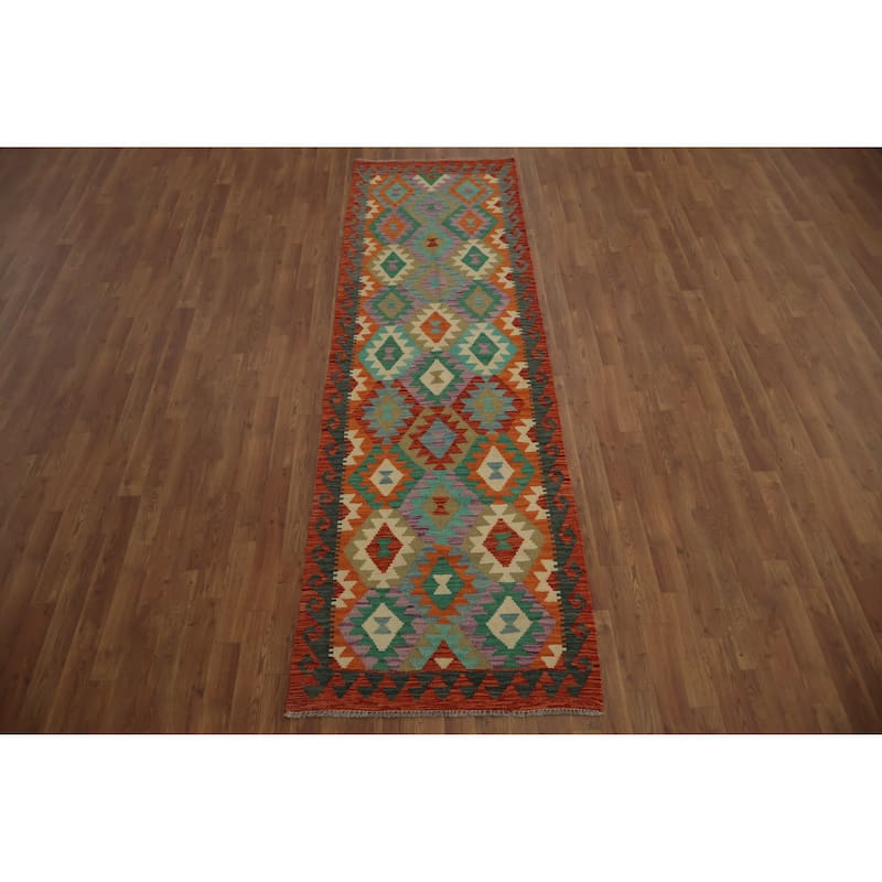 Hand Woven Oriental 100% Wool Carpet Southwestern Geometric Oranges & Rust Kilim Runner Rug - 9' 8'' X 2' 10''