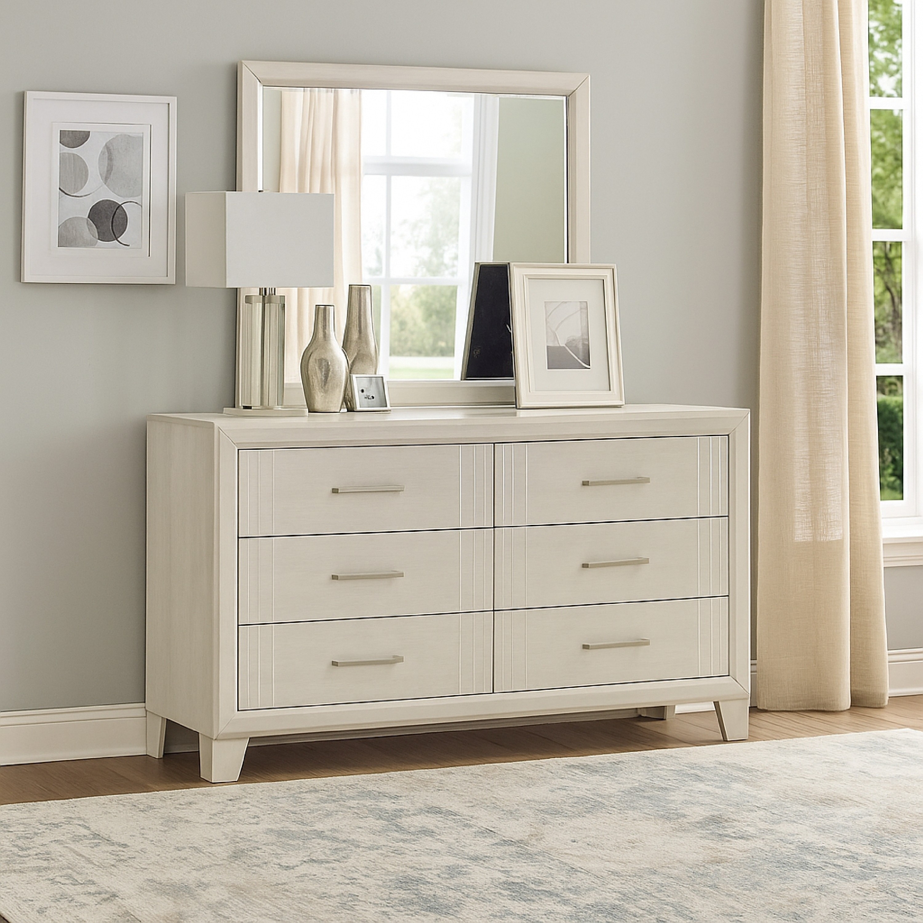 Charie Wide Dresser and Mirror Set, 6 Spacious Drawers, Tapered Legs, White Wood