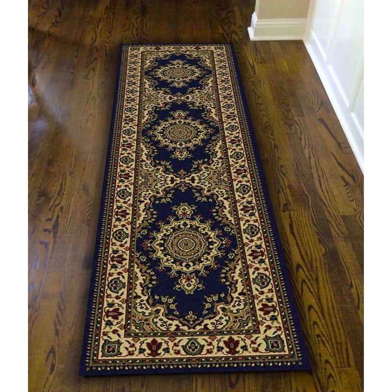 Admire Home Living Caroline Traditional Medallion Area Rug - 2'2" x 7'7" Runner - Navy