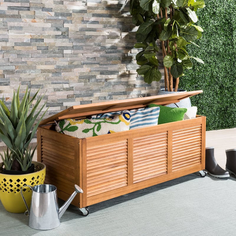 SAFAVIEH Outdoor Miah Cushion Solid Wood Storage Box - Natural - 47Wx18Dx19H