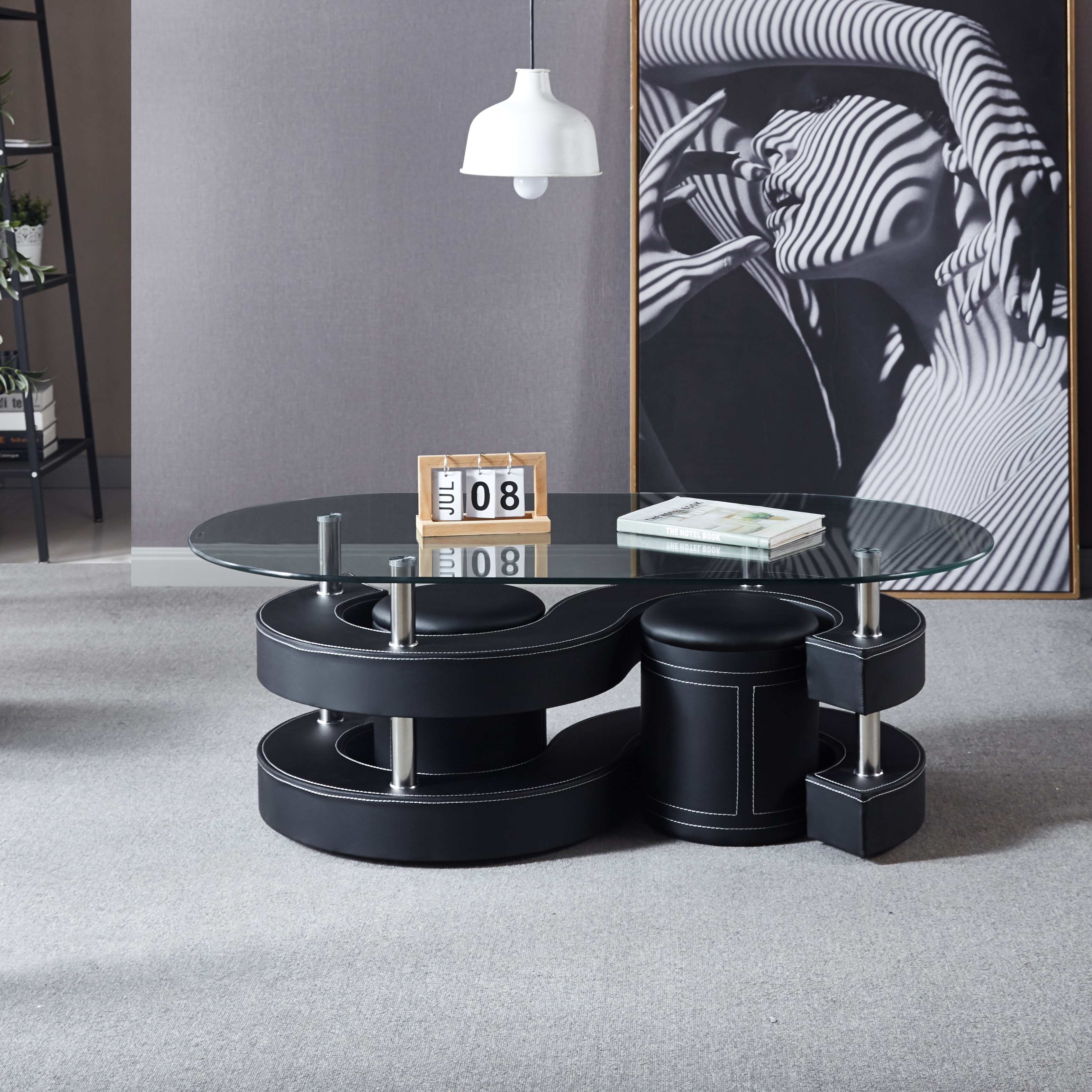 3 Pieces Coffee Table Set Oval Tempered Glass Table and 2 Leather