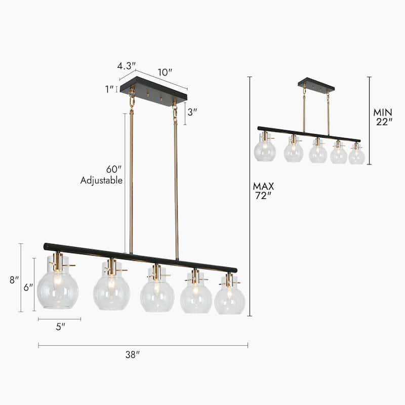 Modern Farmhouse Black Gold 5-Light 38" Glass Linear Chandelier Island Lights for Dining Room - 38" L x 5" W x 8" H