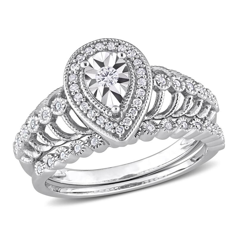 Miadora 1/3ct TDW Diamond Teardrop Halo Bridal Ring Set in Sterling Silver