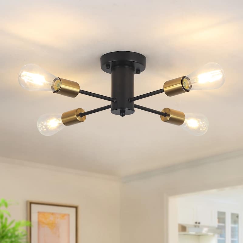 4-Light Modern Semi Flush Mount Chandelier for Bedroom Study Room - Black+Gold
