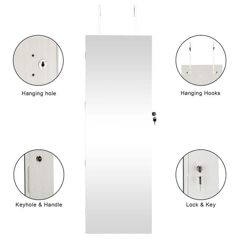 Full Mirror Wood Grain White Jewelry Armoire Cabinet