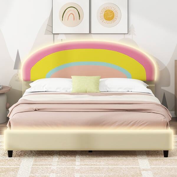 slide 2 of 19, Full Size Platform Bed with Rainbow Shaped Headboard and LED Light Strips