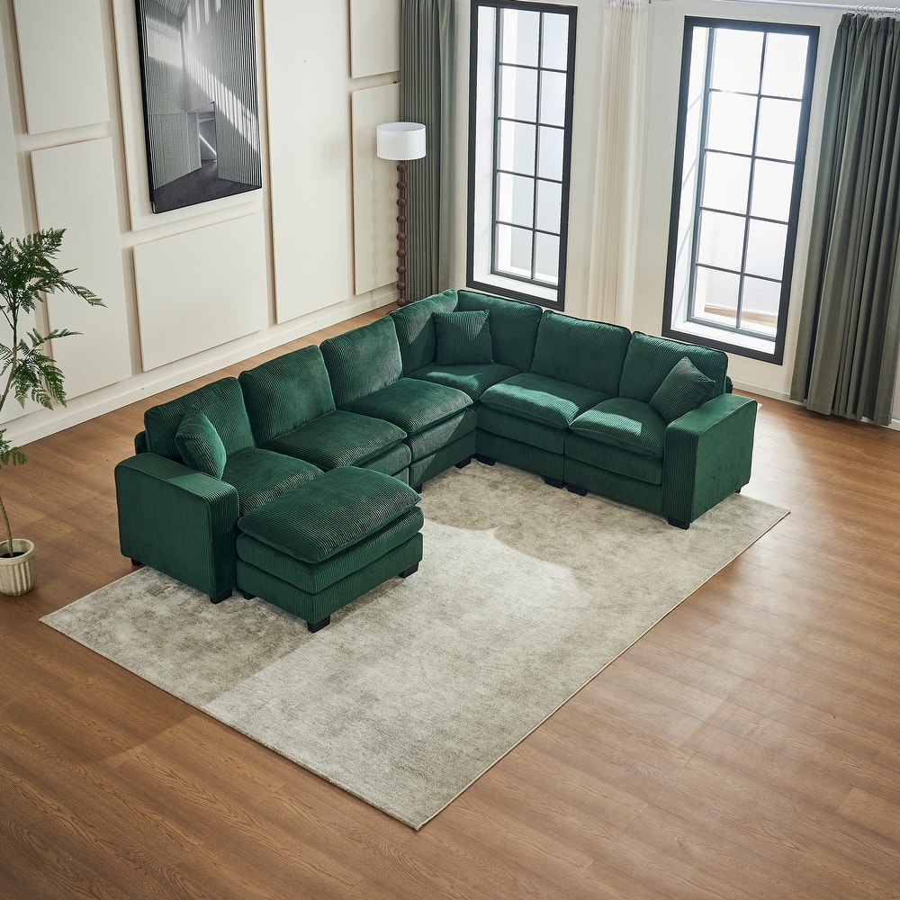 Modular Sectional Sofa for Living Room, U Shaped Sofa Couch with Ottoman and Three Toss Pillows, Corduroy Fabric Sofa Set