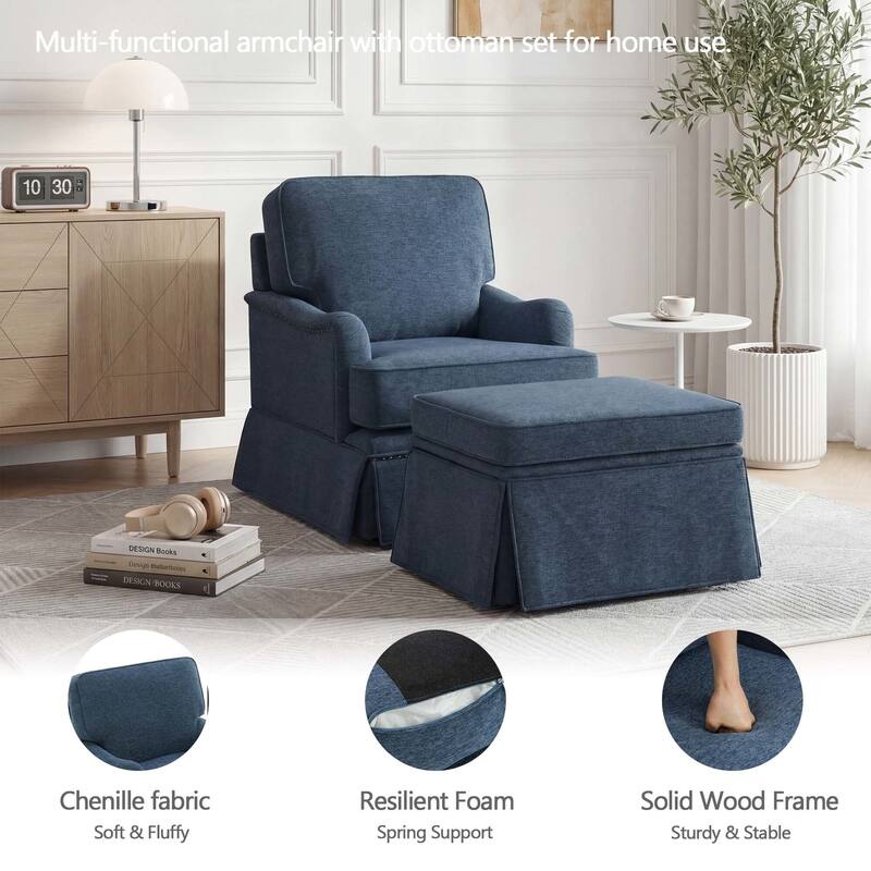 Modern Chenille Swivel Armchair and Storage Ottoman