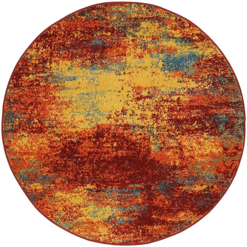 Nourison Sandy Indoor/Outdoor Abstract Area Rug - 4' x Round - Orange/Flame/Red