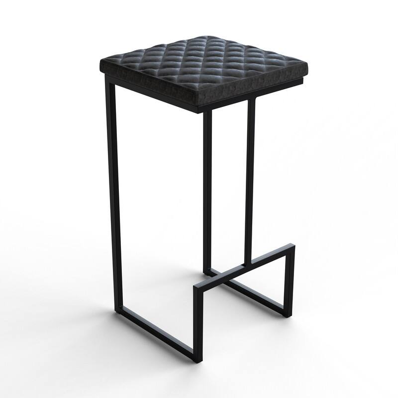 Quincy Leather Counter Barstool – Upholstered Square Seat with Quilted Back, Footrest, and Metal Legs for Kitchen or Dining Area - Charcoal Black