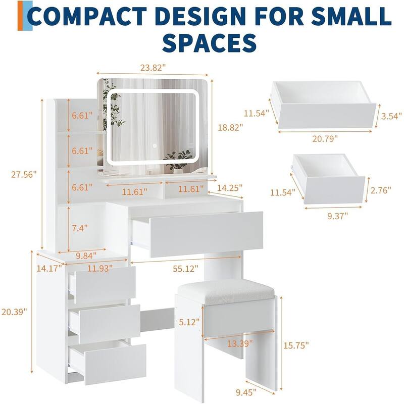 4 Drawer Makeup Vanity Desk Set with Power Outlet, USB Ports, Stool